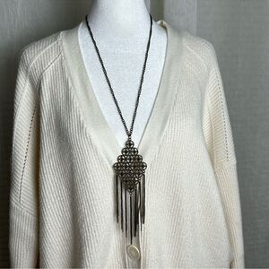 Aurum Brass Tone Caramel Rhinestone Diamond Shaped Tasseled Statement Necklace